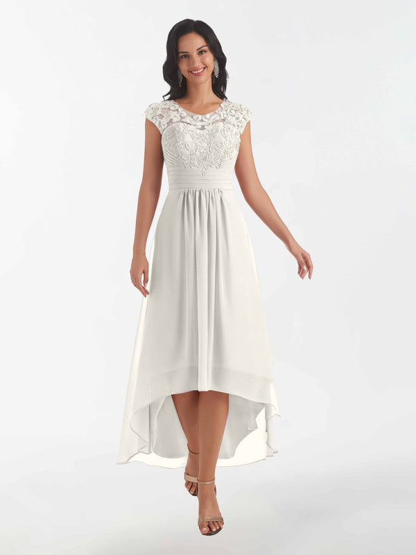Ivory Modest Illusion High Low Chiffon Lace Mother Of The Bride Dresses