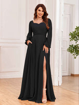 Modest Long Sleeves Lace Up Chiffon Bridesmaid Dresses with Slits