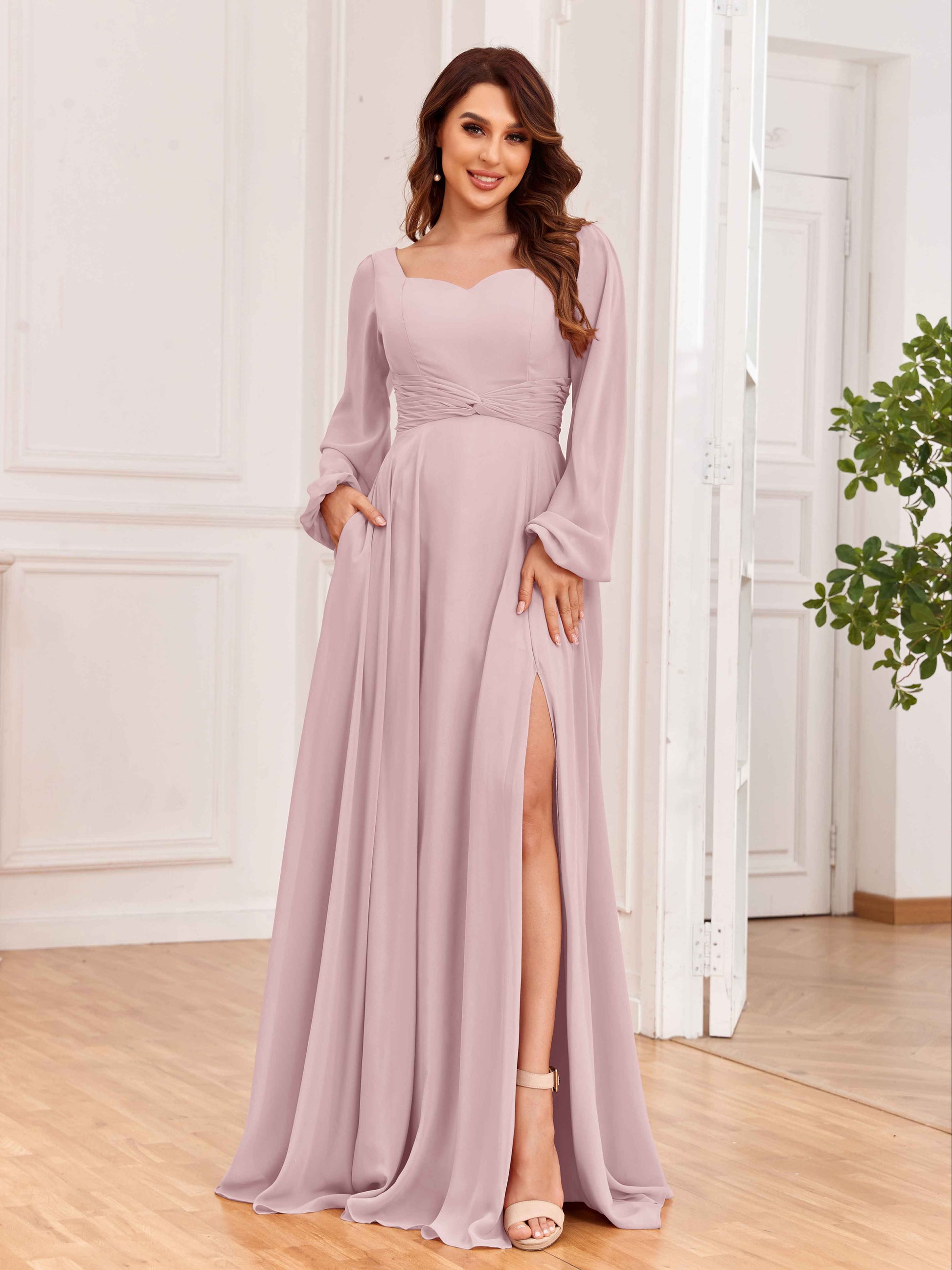 Modest Long Sleeves Lace Up Chiffon Bridesmaid Dresses with Slits –