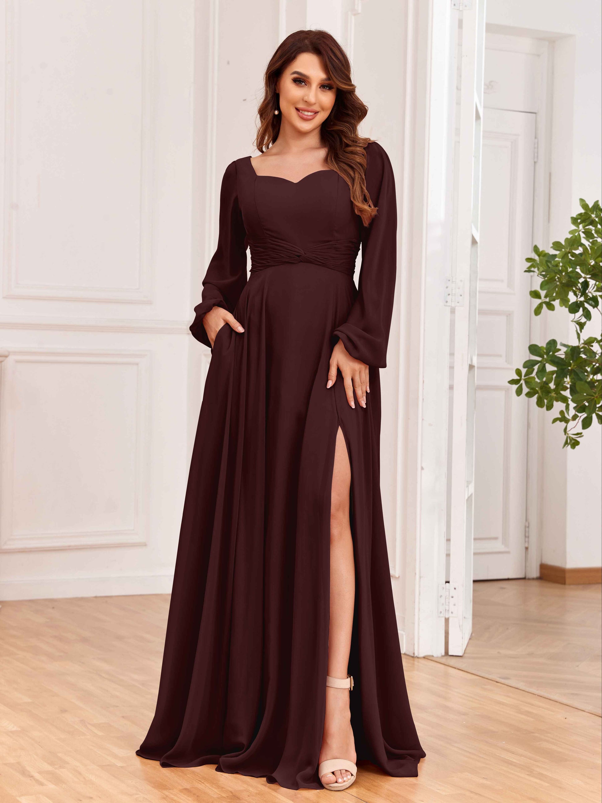 long sleeve bridesmaid dresses modest Berylove Women Sage Bridesmaid Dress Satin A Line Long Sleeve Round Neck Maxi Modest Wedding Guest Dress