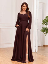 Modest Long Sleeves Lace Up Chiffon Bridesmaid Dresses with Slits