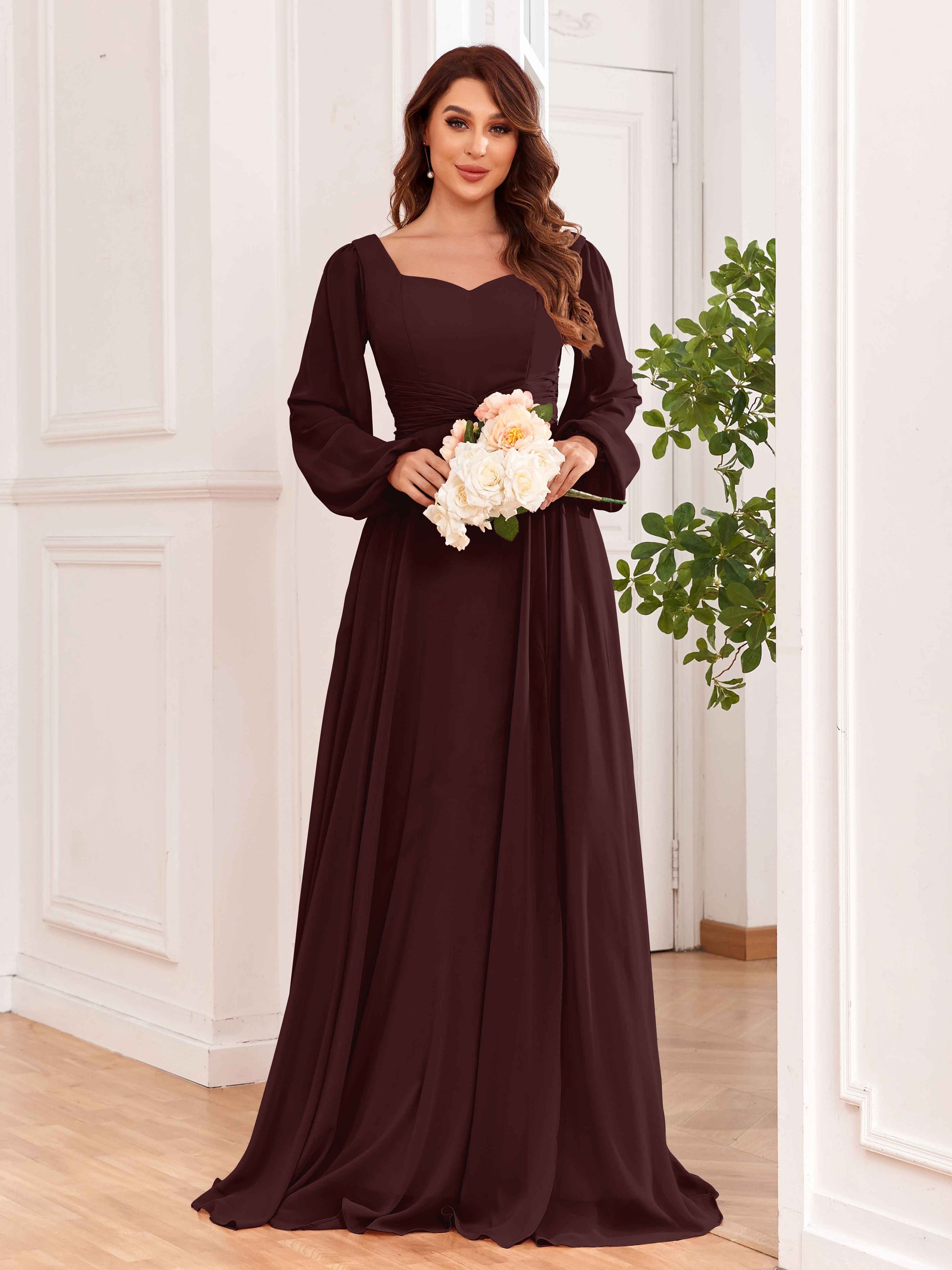 Modest Long Sleeves Lace Up Chiffon Bridesmaid Dresses with Slits mollyevers.com Modest Long Sleeves Lace Up Chiffon Bridesmaid Dresses with Slits mollyevers.com