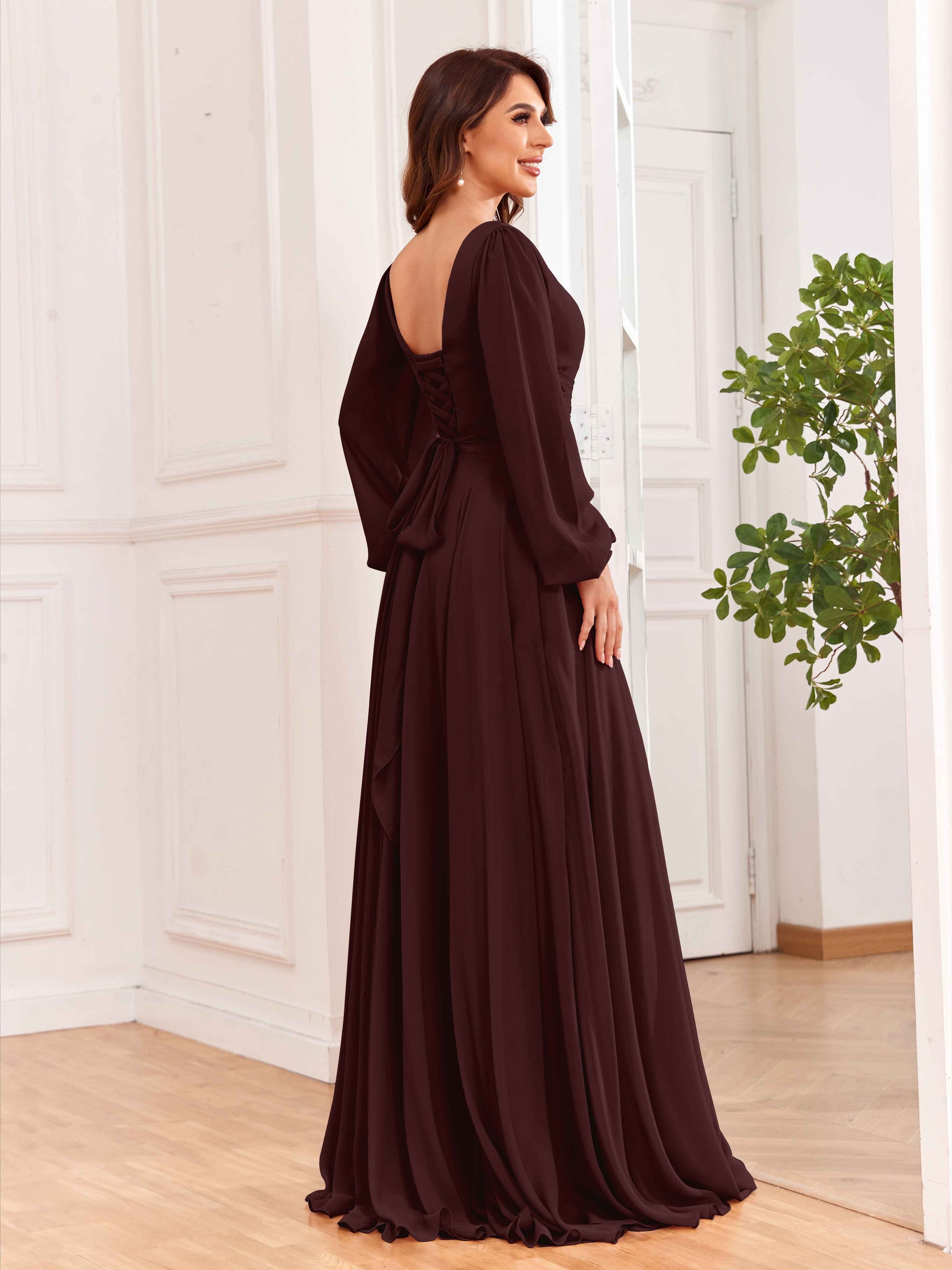 Modest Long Sleeves Lace Up Chiffon Bridesmaid Dresses with Slits –