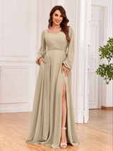 Modest Long Sleeves Lace Up Chiffon Bridesmaid Dresses with Slits