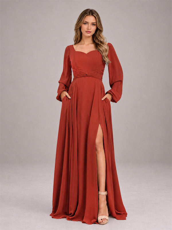 Rust Modest Long Sleeves Lace Up Chiffon Bridesmaid Dress with Slits