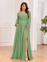 Modest Long Sleeves Lace Up Chiffon Bridesmaid Dresses with Slits