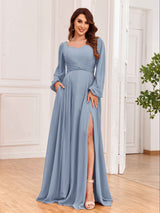 Modest Long Sleeves Lace Up Chiffon Bridesmaid Dresses with Slits