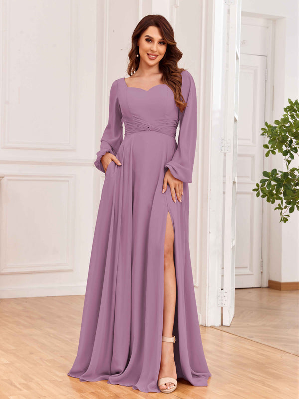 Dusty Purple Modest Long Sleeves Lace Up Chiffon Bridesmaid Dresses with Slits