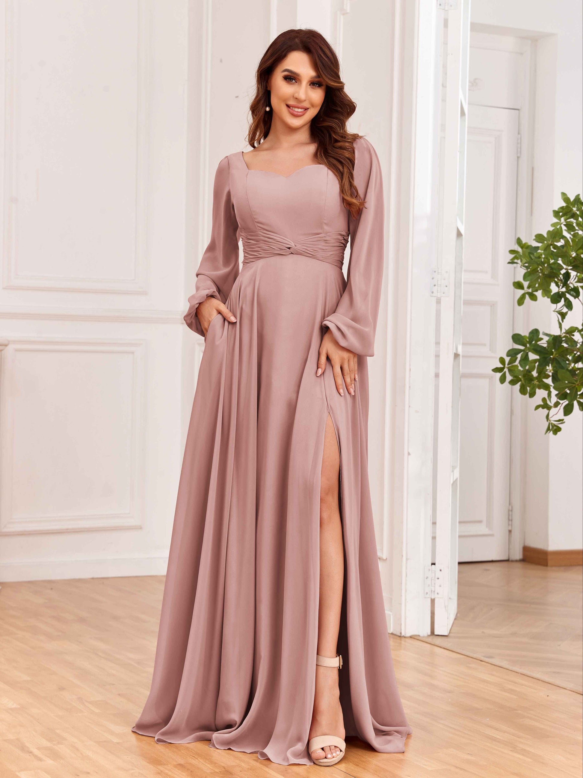 Modest Long Sleeves Lace Up Chiffon Bridesmaid Dresses with Slits mollyevers.com Modest Long Sleeves Lace Up Chiffon Bridesmaid Dresses with Slits mollyevers.com