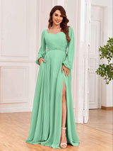Modest Long Sleeves Lace Up Chiffon Bridesmaid Dresses with Slits