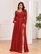 Modest Long Sleeves Lace Up Chiffon Bridesmaid Dresses with Slits