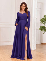 Modest Long Sleeves Lace Up Chiffon Bridesmaid Dresses with Slits