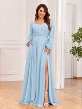 Modest Long Sleeves Lace Up Chiffon Bridesmaid Dresses with Slits