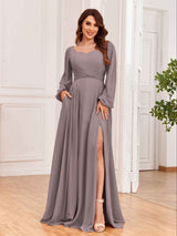 Modest Long Sleeves Lace Up Chiffon Bridesmaid Dresses with Slits