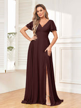 Modest Short Sleeves Floor Length Chiffon Bridesmaid Dresses with Slit
