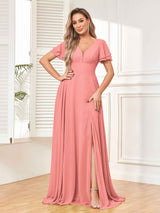 Modest Short Sleeves Floor Length Chiffon Bridesmaid Dresses with Slit
