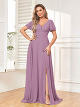 Modest Short Sleeves Floor Length Chiffon Bridesmaid Dresses with Slit