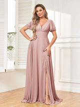 Modest Short Sleeves Floor Length Chiffon Bridesmaid Dresses with Slit