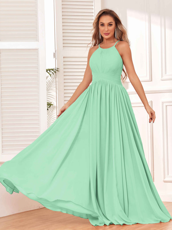 Mint Green Modest Spaghetti Straps Halter Chiffon Bridesmaid Dresses