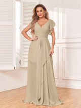 Modest V-Neck Cap Sleeves Floor Length Chiffon Bridesmaid Dresses