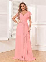 Modest V-Neck Cap Sleeves Floor Length Chiffon Bridesmaid Dresses