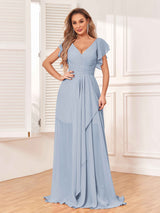 Modest V-Neck Cap Sleeves Floor Length Chiffon Bridesmaid Dresses