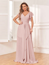 Modest V-Neck Cap Sleeves Floor Length Chiffon Bridesmaid Dresses