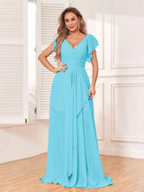 Modest V-Neck Cap Sleeves Floor Length Chiffon Bridesmaid Dresses