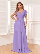 Modest V-Neck Cap Sleeves Floor Length Chiffon Bridesmaid Dresses