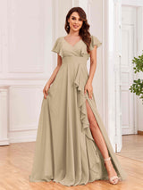 Modest V-Neck Ruffles Floor Length Chiffon Bridesmaid Dresses