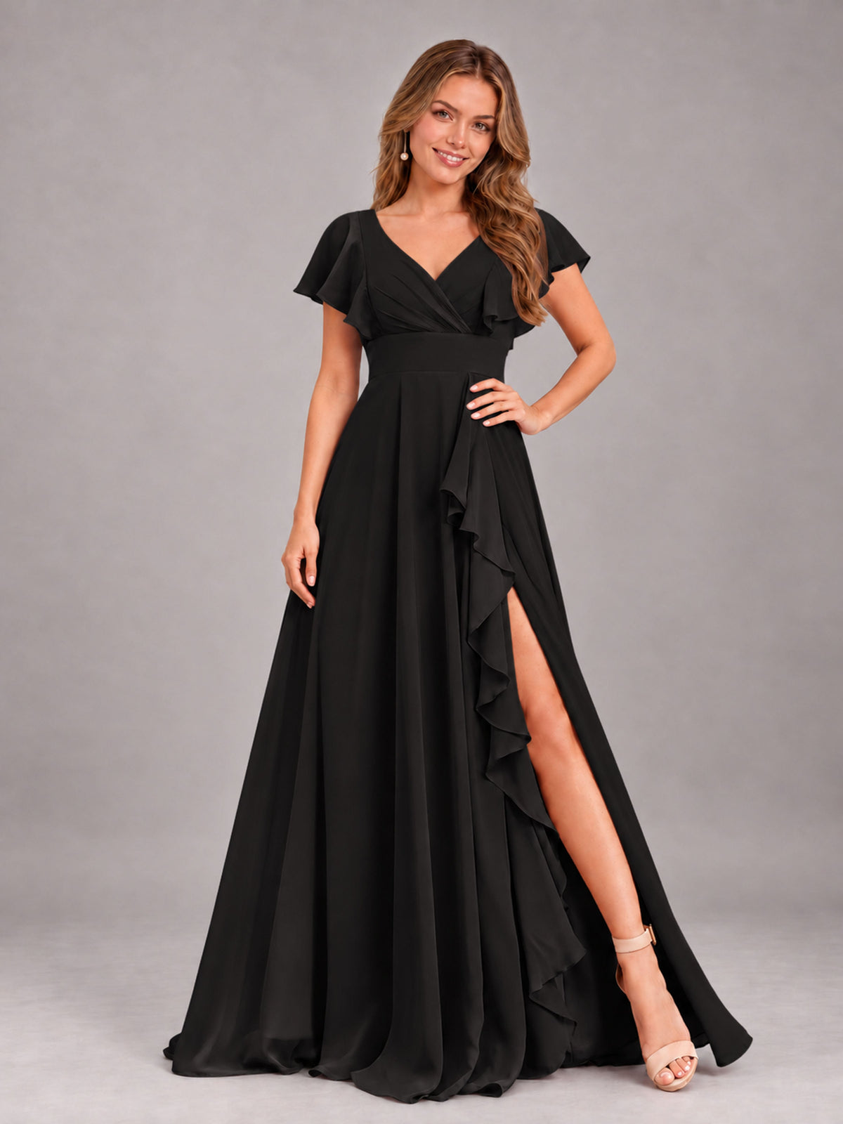 Black Modest V-Neck Ruffles Floor Length Chiffon Bridesmaid Dress