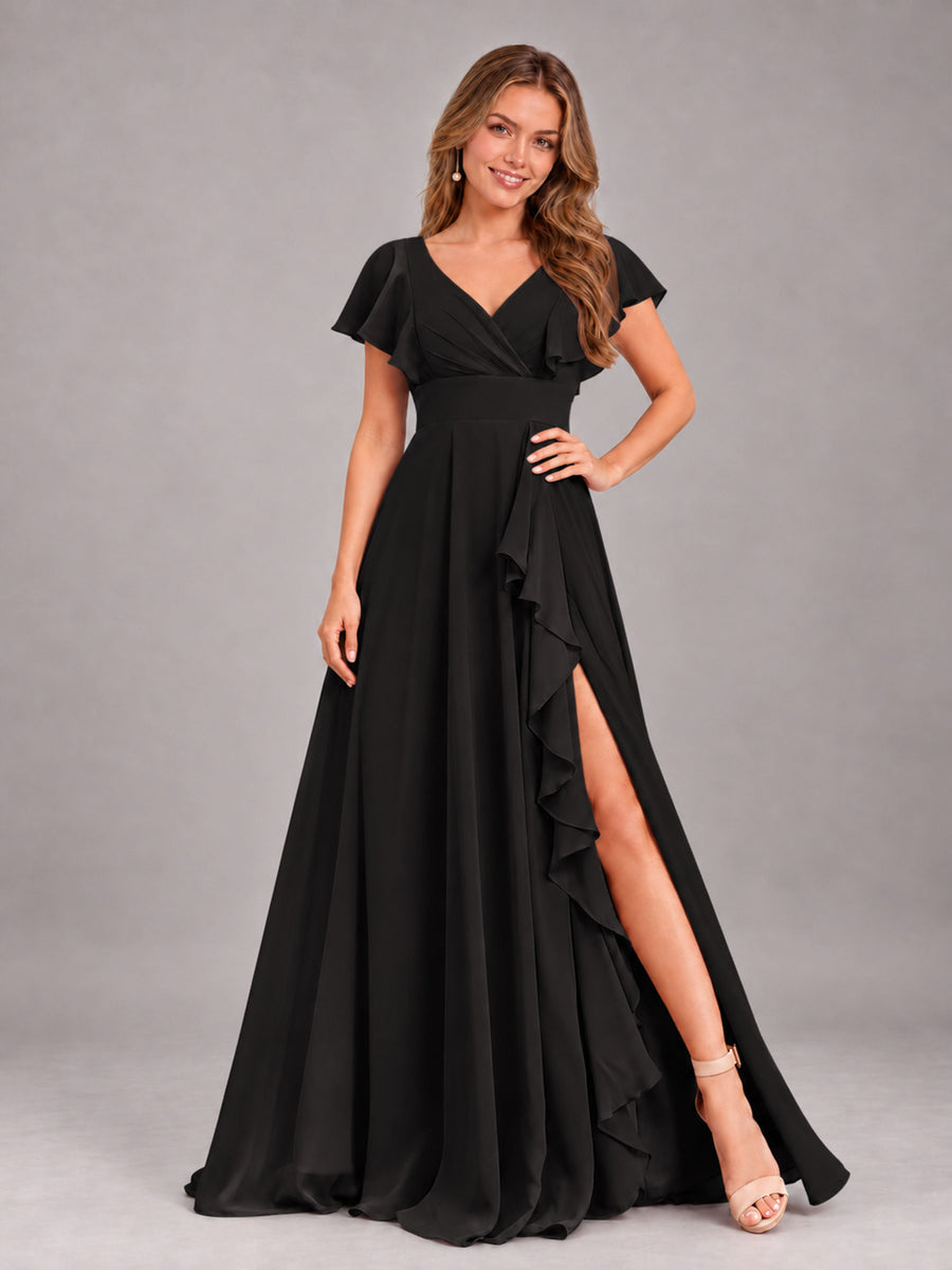 Black Modest V-Neck Ruffles Floor Length Chiffon Bridesmaid Dress