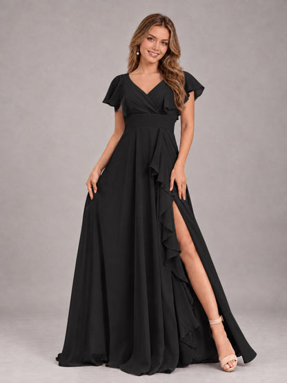 Black Modest V-Neck Ruffles Floor Length Chiffon Bridesmaid Dress