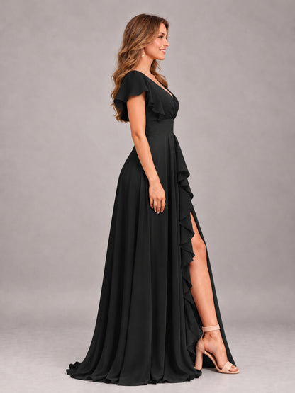 Black Modest V-Neck Ruffles Floor Length Chiffon Bridesmaid Dress