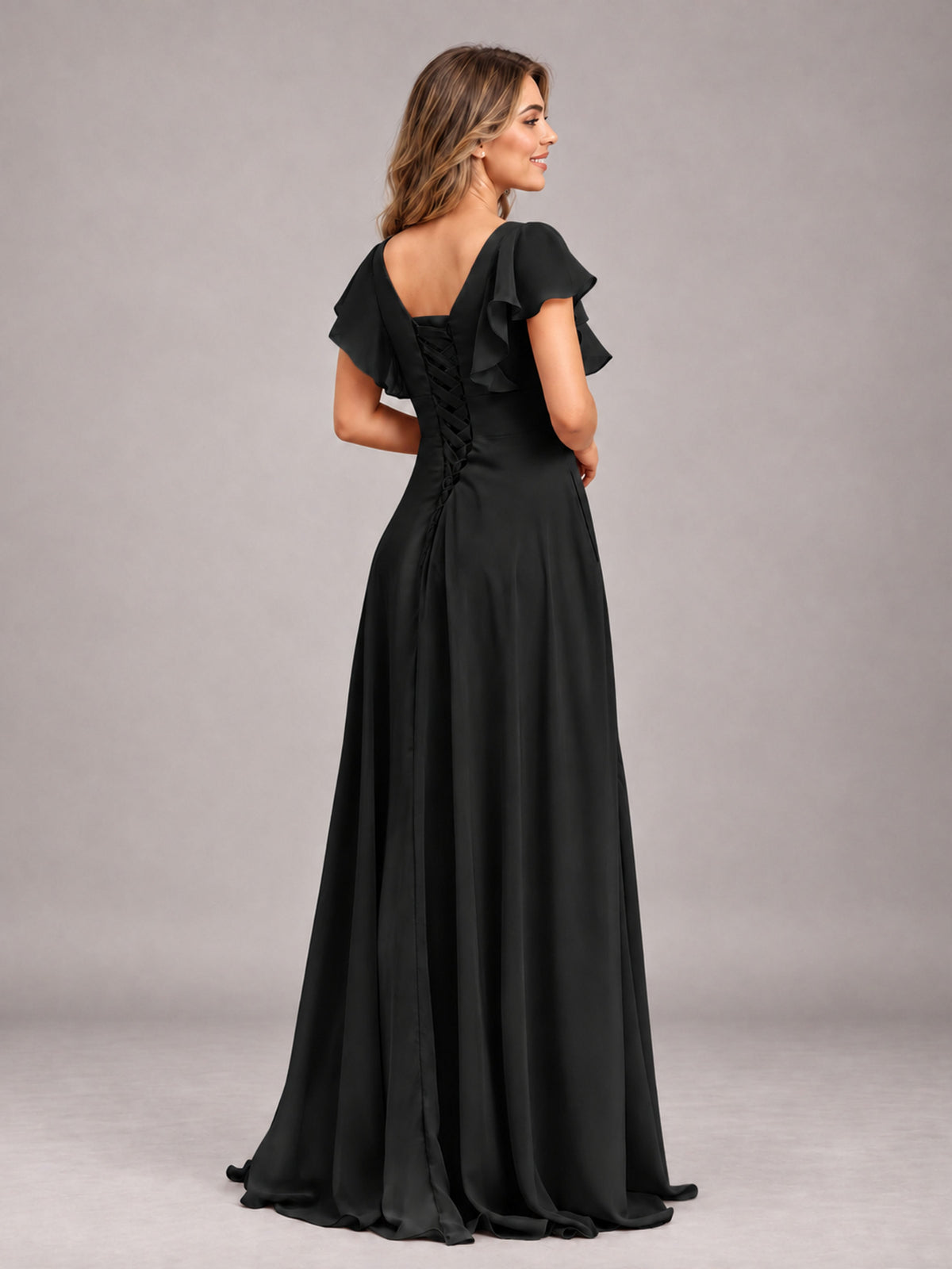 Black Modest V-Neck Ruffles Floor Length Chiffon Bridesmaid Dress
