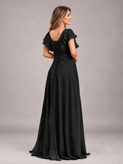 Black Modest V-Neck Ruffles Floor Length Chiffon Bridesmaid Dress