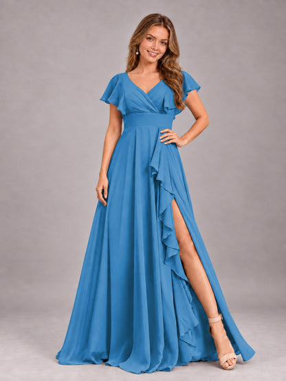 Blue Modest V-Neck Ruffles Floor Length Chiffon Bridesmaid Dress