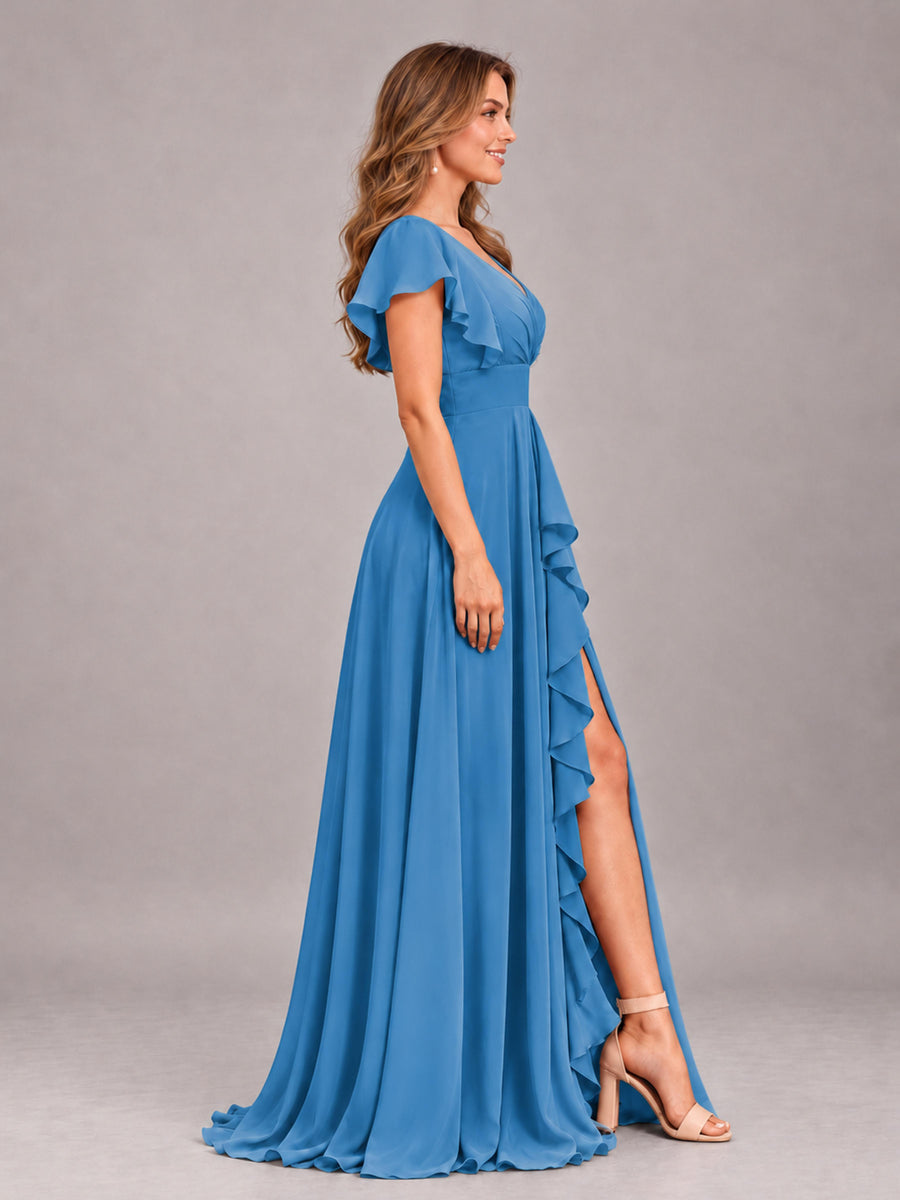 Blue Modest V-Neck Ruffles Floor Length Chiffon Bridesmaid Dress
