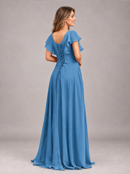 Blue Modest V-Neck Ruffles Floor Length Chiffon Bridesmaid Dress