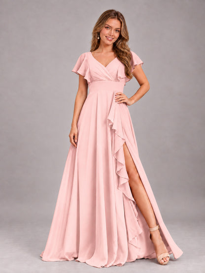Blush Pink Modest V-Neck Ruffles Floor Length Chiffon Bridesmaid Dress
