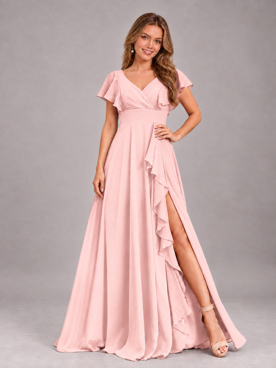 Blush Pink Modest V-Neck Ruffles Floor Length Chiffon Bridesmaid Dress
