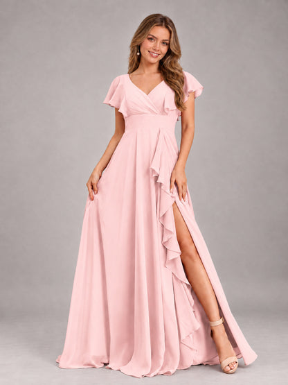 Blush Pink Modest V-Neck Ruffles Floor Length Chiffon Bridesmaid Dress