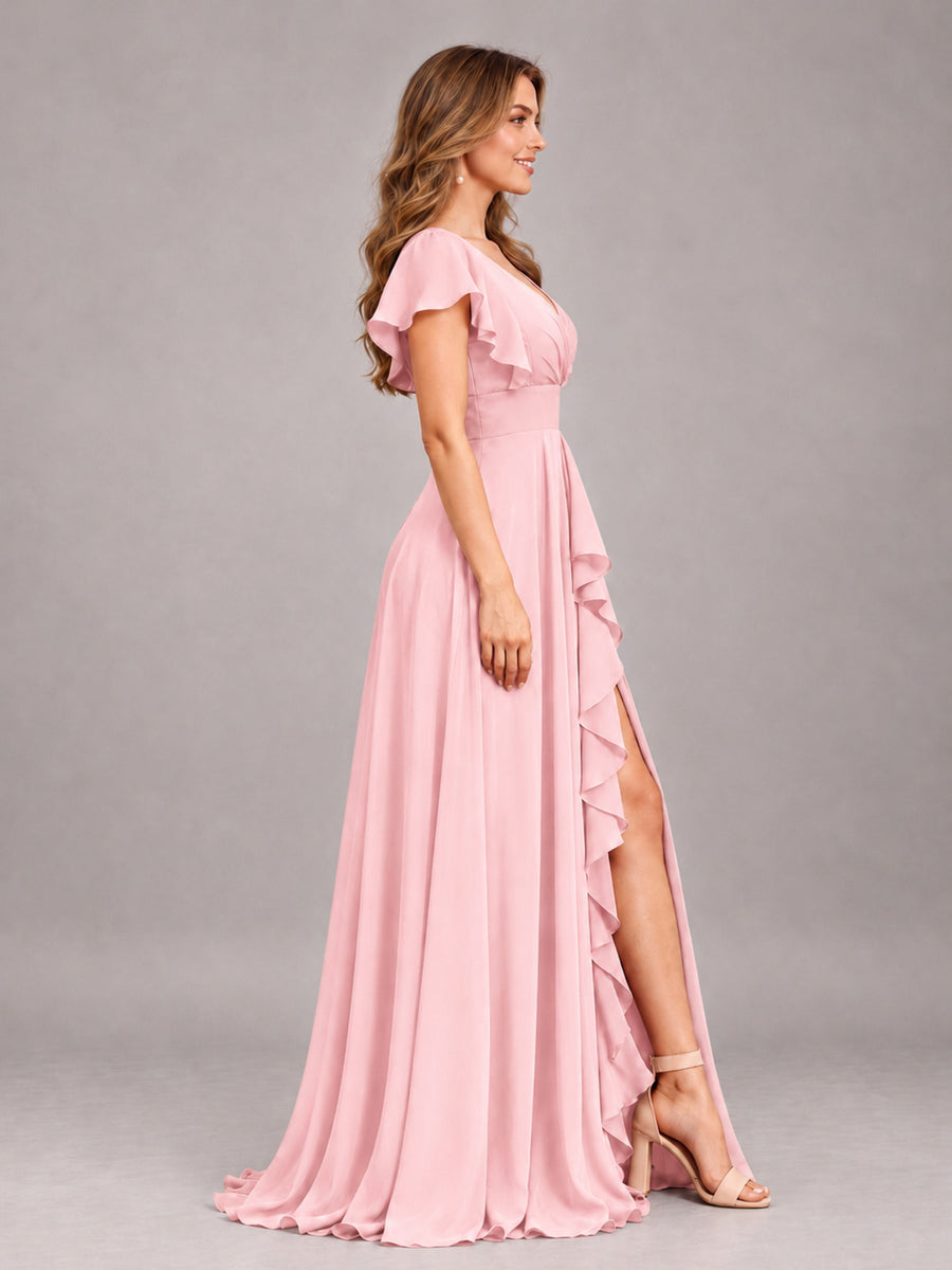 Blush Pink Modest V-Neck Ruffles Floor Length Chiffon Bridesmaid Dress