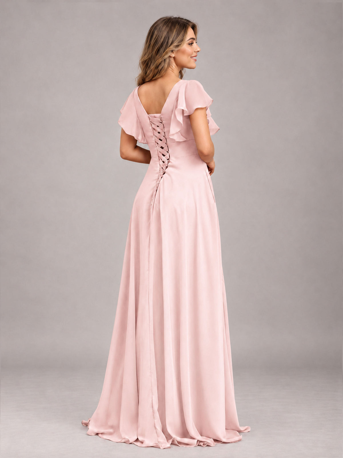 Blush Pink Modest V-Neck Ruffles Floor Length Chiffon Bridesmaid Dress