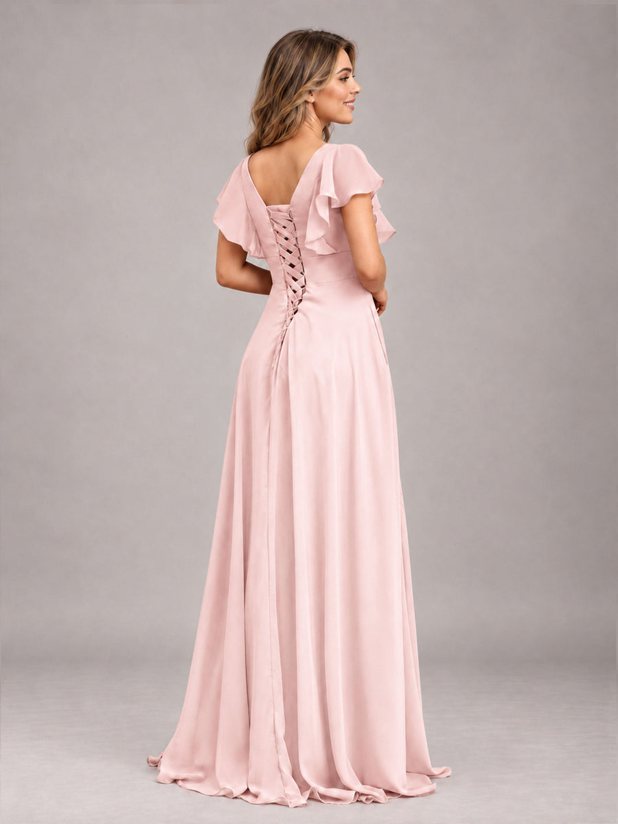 Blush Pink Modest V-Neck Ruffles Floor Length Chiffon Bridesmaid Dress