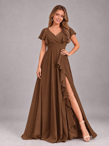 Brown Modest V-Neck Ruffles Floor Length Chiffon Bridesmaid Dress