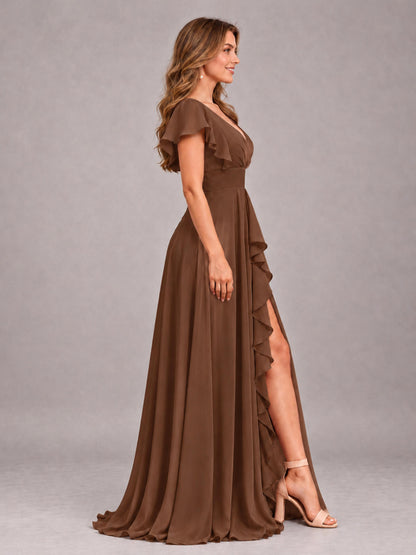 Brown Modest V-Neck Ruffles Floor Length Chiffon Bridesmaid Dress