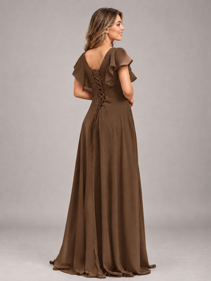 Brown Modest V-Neck Ruffles Floor Length Chiffon Bridesmaid Dress