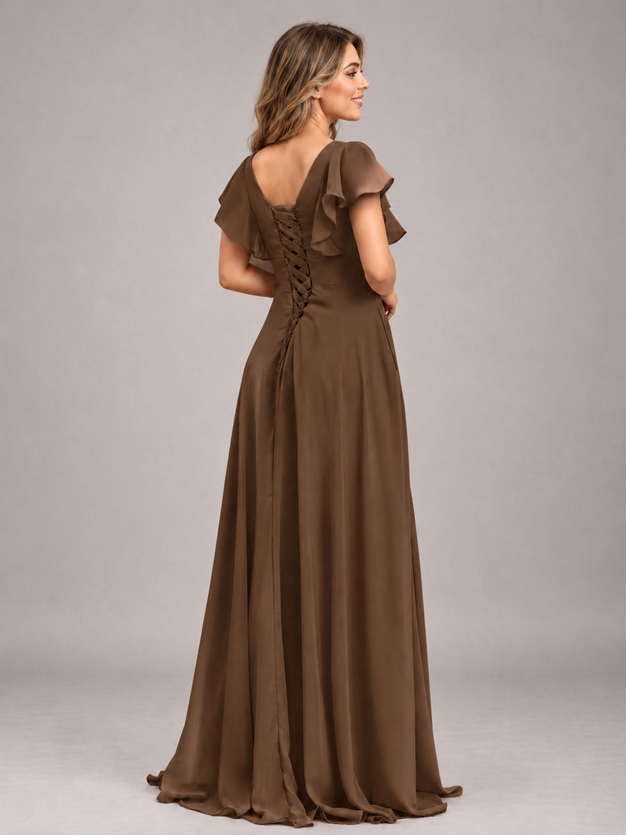 Brown Modest V-Neck Ruffles Floor Length Chiffon Bridesmaid Dress
