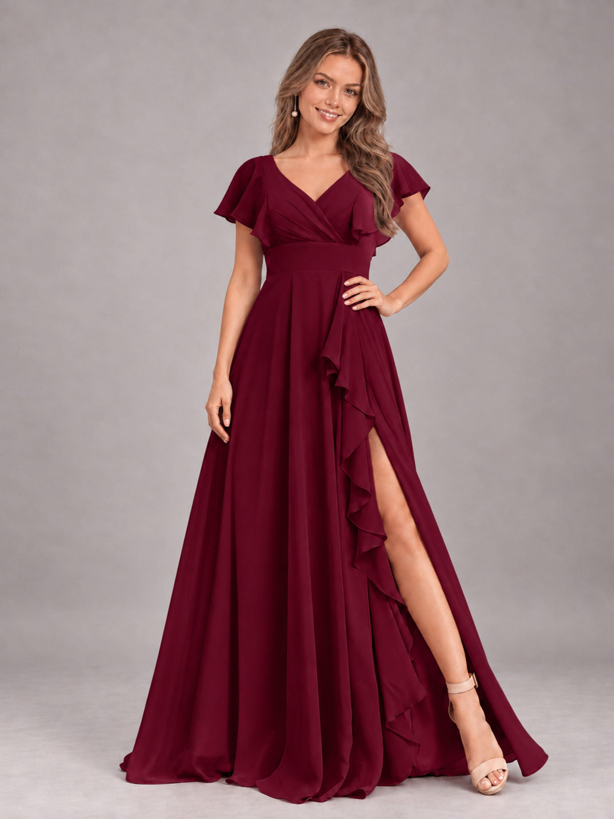 Burgundy Modest V-Neck Ruffles Floor Length Chiffon Bridesmaid Dress